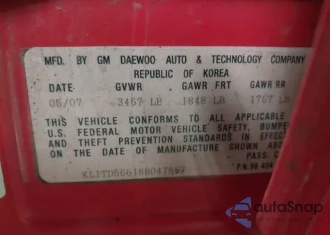 2008 Chevrolet Aveo Ls z USA, uszkodzony, nr VIN KL1TD56618B041867